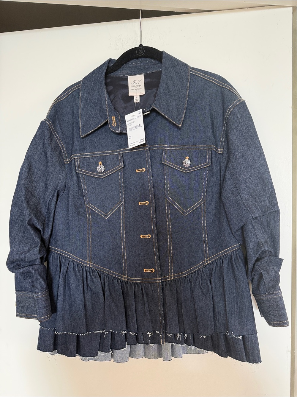 cinq a sept Indigo Denim Peplum Jacket with Contrast Stitching